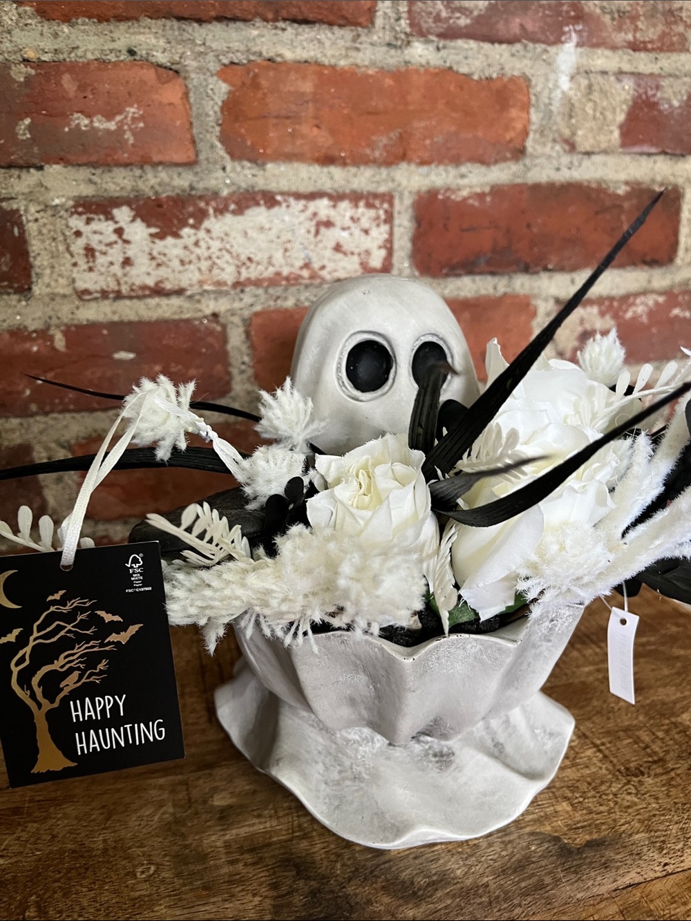White ghost  Floral Centerpiece with Black Feather Accents